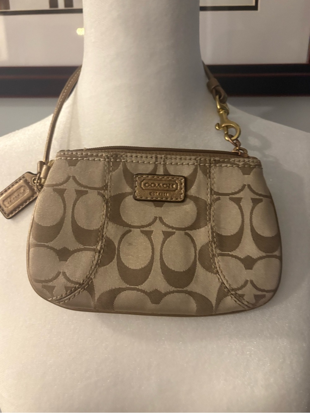 Coach Signature Jacquard Skinny Khaki Wristlet/ Light Gold Leather and Brass